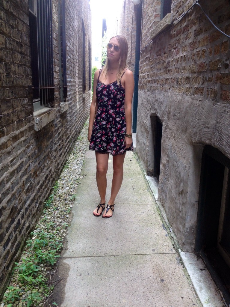 Dress: Urban Outfitters; Sandals: Steve Madden; Sunglasses: Ray-Ban.