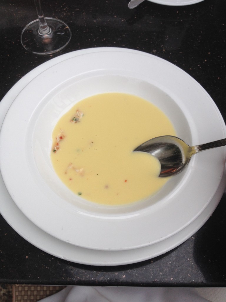 The corn soup with lump crab.
