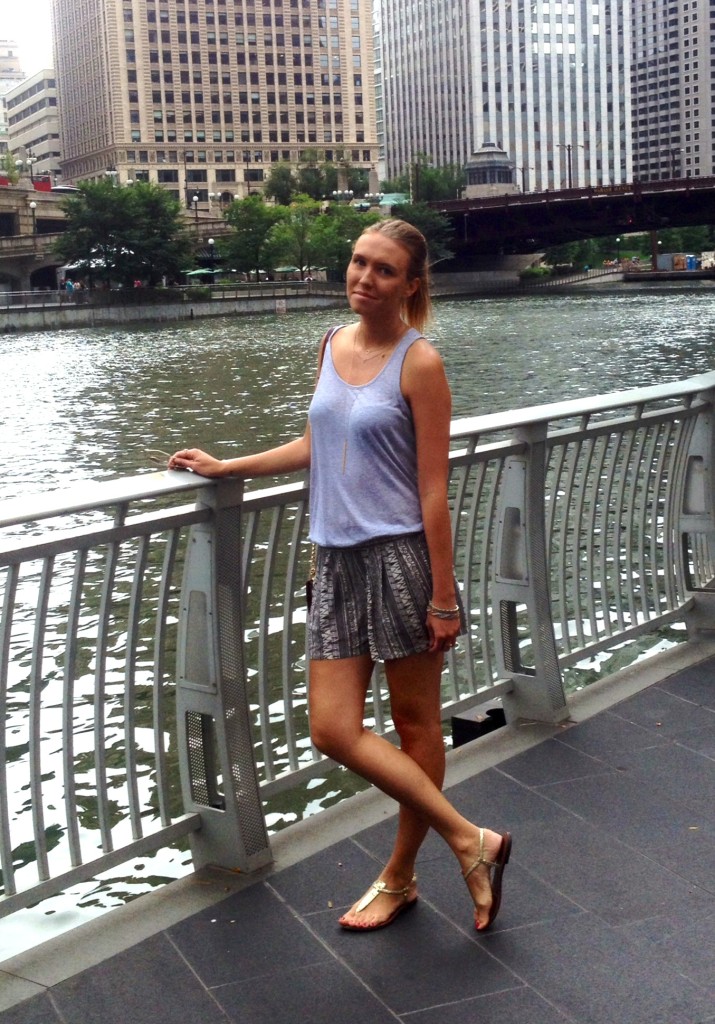 Top: Leith from Nordstrom; Shorts: Akira Chicago; Sandals: Sam Edelman.