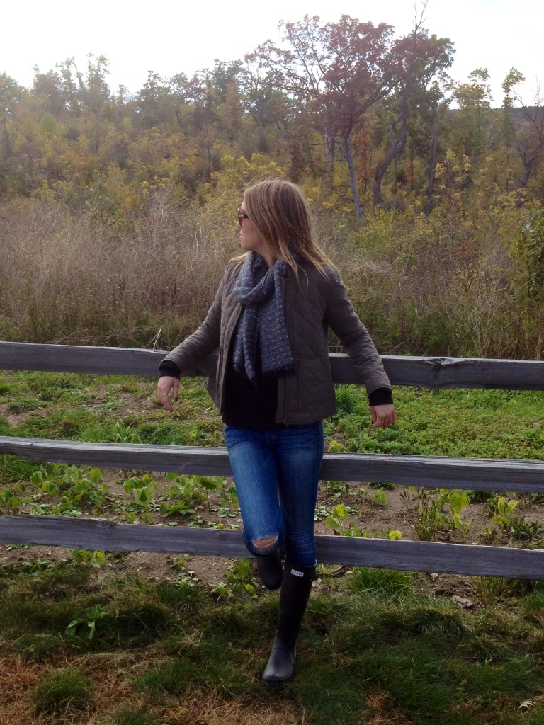 Jacket: Joie; Scarf: Rag & Bone; Jumper: Wildfox; Jeans: Hudson; Boots: Hunter.